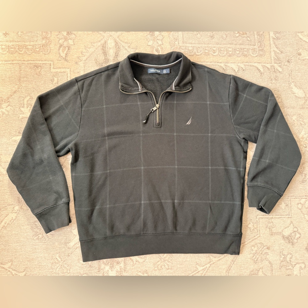 Nautica Men's black with Gray Grid Pattern Zip-Up Sweater Large Cotton Blend